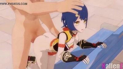 Наслаждайтесь зрелищем из Genshin Impact с синеволосой рабыней Сянлин, которая подчиняется в сексе.