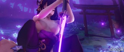 Сегун Райден Баал из игры Genshin Impact демонстрирует свои навыки верховой езды.