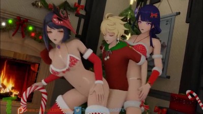 Новогодняя вечеринка Genshin Impact, троица возле рождественской елки.