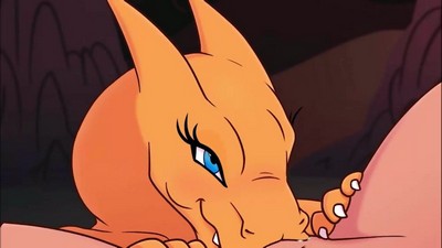 Чаризард облизывает руки своего тренера покемонов и совмещает свою энергию с ним.