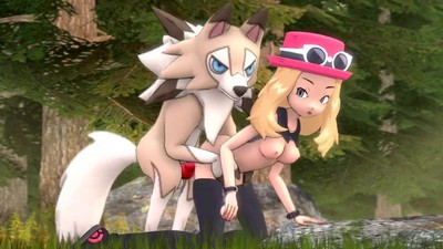 Lycanrock, a wild Pokémon, encounters Serena in the forest.