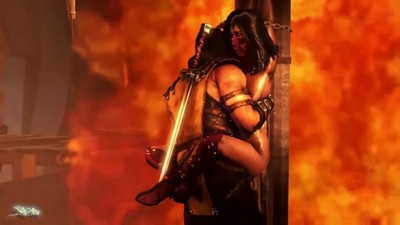 Мелина и Скорпион взаимодействуют в "Смертельном бою" (редактировано).