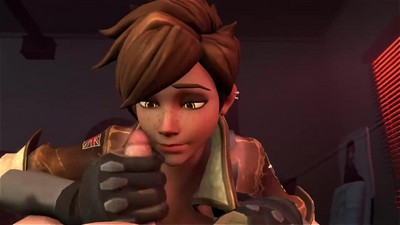 Tracer, a brunette character from Overwatch, is playing with a new character's weapon.