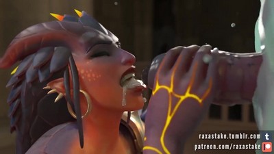 Знойная Symmetra из Overwatch ласкает член демона и принимает сперму.