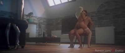 Просмотрите анимацию с персонажами игры Overwatch, где Ангел (Mercy) занимается сексом с мужчиной на стуле.