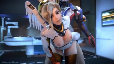 Soldier 76 actively engages in a romantic encounter with his well-endowed companion Mercy - adult animated content.