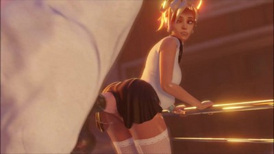 Конь, используя свой богатый опыт в Овервотч, удовлетворяет девушку по имени Мерси.