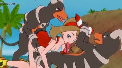 Два покемона Хаундум удовлетворяют Мэй в разных частях ее тела.