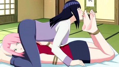 Naruto girls engage in a stimulating challenge with their feet (no sound).