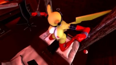 Большегрудый Пикачу сидит на секс-машине.